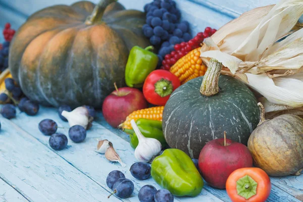 Sütőtök és különböző érett zöldség és gyümölcs — Stock Fotó