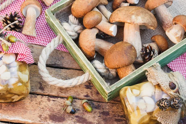 Çiğ beyaz mantar, çam kozalakları ve kuru süslemeleri