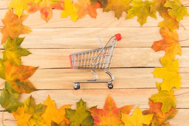 Renkli akçaağaç yaprakları hafif ahşap kurullarında yapılan çerçevesindeki sepeti