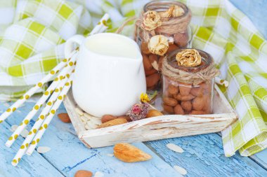 Badem Cam Kavanoz ahşap tepsi sütlü