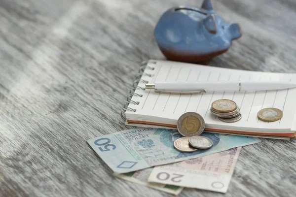 Polonya Zlotisi, defter ve kumbara ahşap arka plan üzerinde