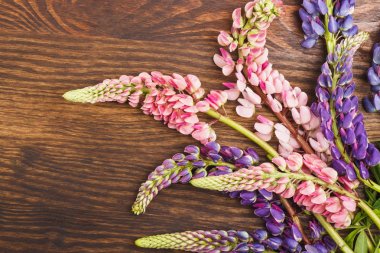 Mor ve pembe lupines ahşap tahta üzerinde