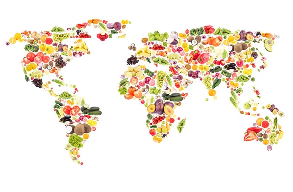 Mapa do mundo de diferentes frutas e legumes frescos, isolados — Fotografia de Stock