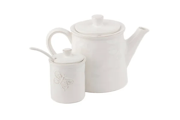 Vit keramik tekanna för kaffe eller te och socker skål — Stockfoto