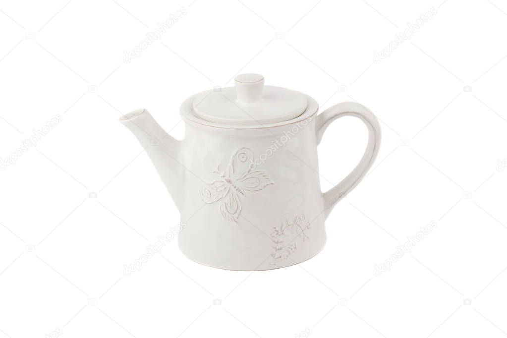 White ceramic teapot for coffee or tea, white background