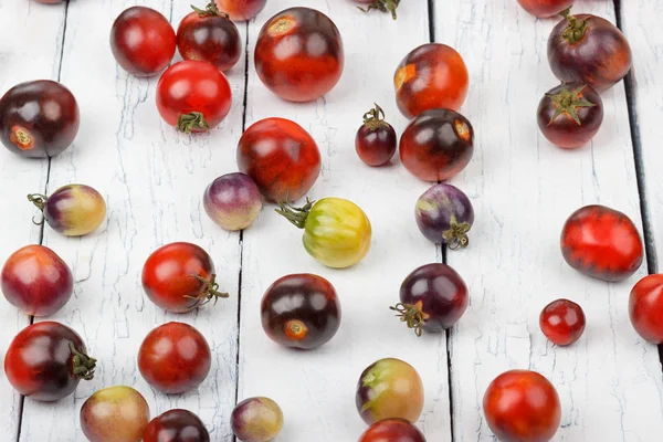 Verschiedene Tomaten auf weißem Holzgrund — Stockfoto