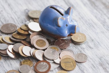 Farklı toplayıcı sikke ve kumbara ahşap arka plan üzerinde