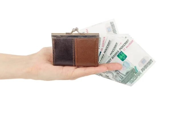 Рука з російських рублях і гаманець, ізольовані на білому — стокове фото