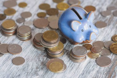 Farklı toplayıcı sikke ve kumbara ahşap arka plan üzerinde