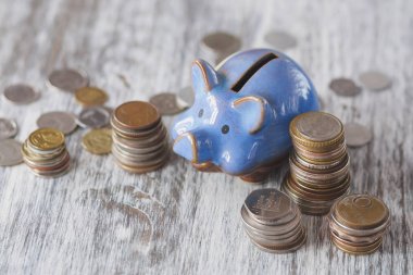 Farklı toplayıcı sikke ve kumbara ahşap arka plan üzerinde