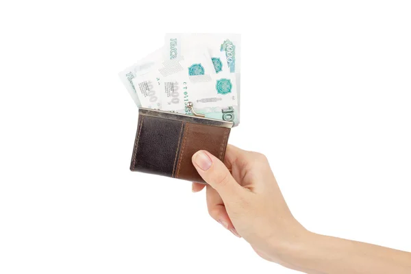 El Rus ruble ve üzerinde beyaz izole bir cüzdan