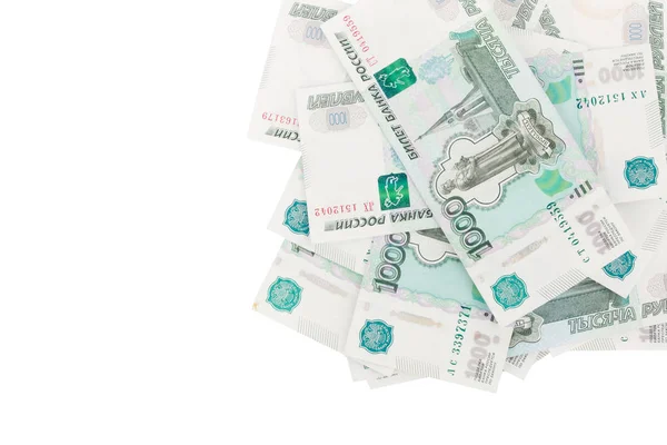 Background from banknotes of Russian rubles, isolated on white — Stock Photo, Image