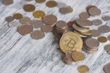 Farklı toplayıcı sikke ve ahşap zemin üzerine altın bitcoin