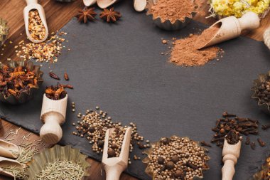 Tasarlayacağım kayrak slone arka plan üzerinde ahşap Kepçe içinde farklı baharatlar