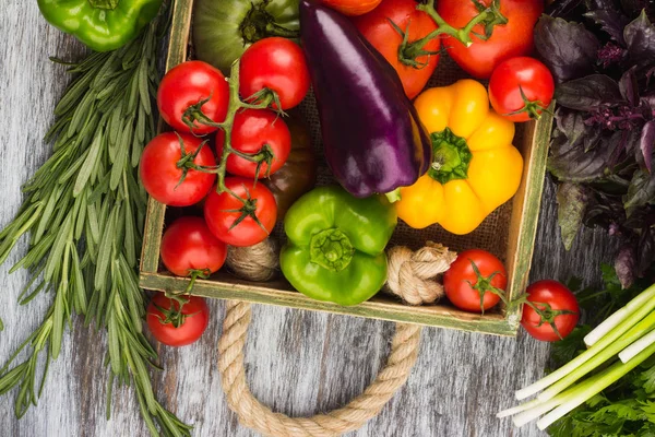 Set of different vegetables in the wooden tray — Stock Photo, Image
