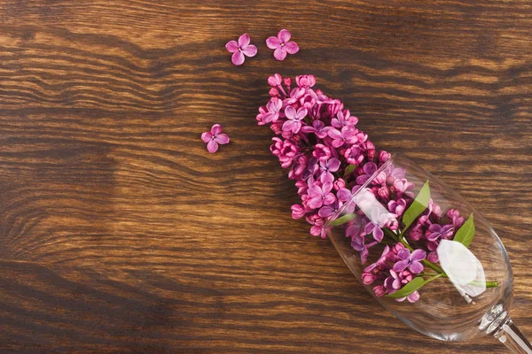 与紫罗兰紫丁香木制背景上的酒杯 — 图库照片