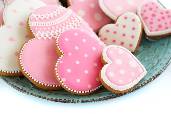 Set of pink heart shaped cookies with patterns, handmade — ストック写真