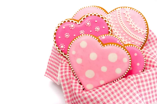 Set di biscotti a forma di cuore rosa con motivi, fatti a mano — Foto Stock