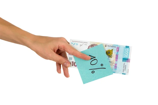 Duizend hryvnias en sticker met verschillende financiële tekens en symbolen in de hand, geïsoleerd — Stockfoto