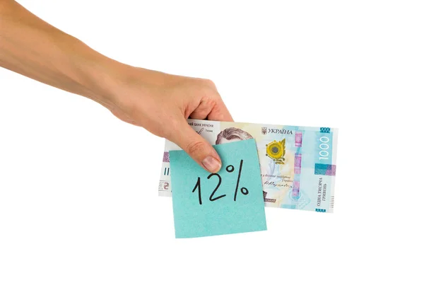 Duizend hryvnias en sticker met verschillende financiële tekens en symbolen in de hand, geïsoleerd — Stockfoto