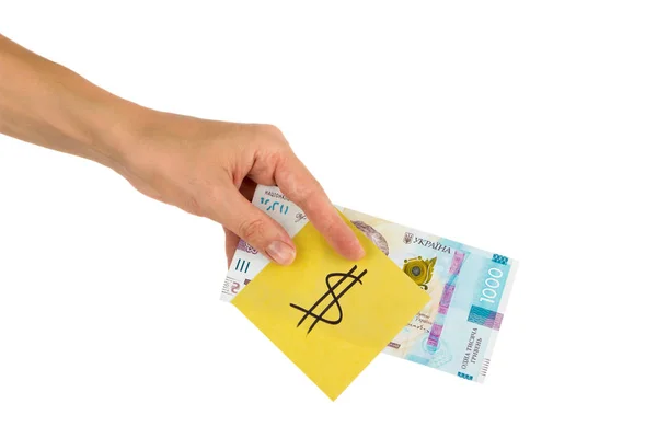 Duizend hryvnias en sticker met verschillende financiële tekens en symbolen in de hand, geïsoleerd — Stockfoto