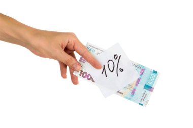 Elinde farklı finansal işaretler ve semboller olan binlerce hrivniya ve etiket, izole edilmiş.