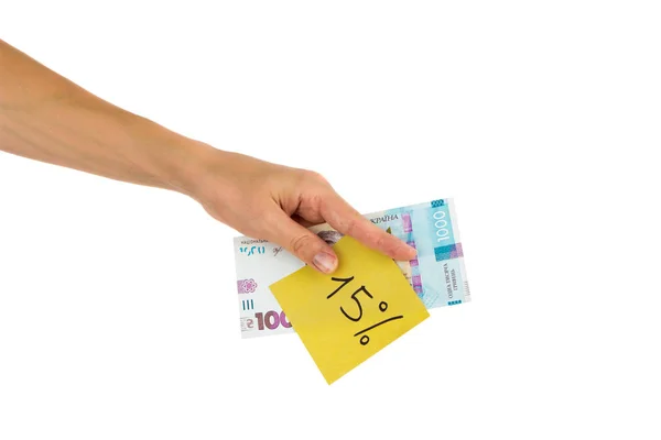 Duizend hryvnias en sticker met verschillende financiële tekens en symbolen in de hand, geïsoleerd — Stockfoto