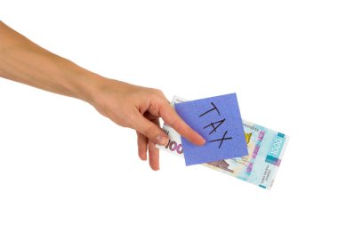 Elinde farklı finansal işaretler ve semboller olan bin tane hrivniya ve çıkartma.