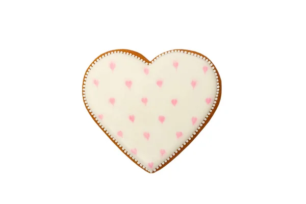 Fundo do coração de biscoito rosa em forma com diferentes padrões, isolado — Fotografia de Stock