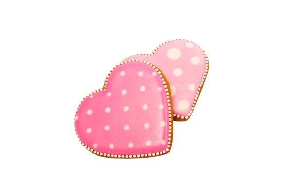 Antecedentes de cookies cor-de-rosa em forma de coração com diferentes padrões, isolado — Fotografia de Stock