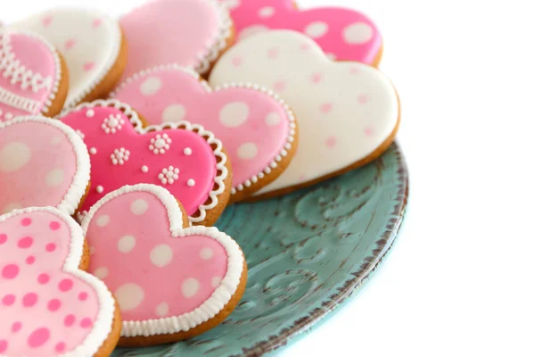 Conjunto de biscoitos em forma de coração rosa com padrões, feitos à mão — Fotografia de Stock