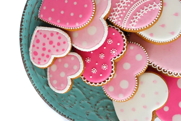 Set of pink heart shaped cookies with patterns, handmade — Stock Photo, Image