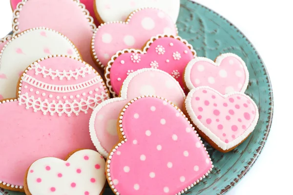 Набор печенья в форме розового сердца с узорами, ручной работы — стоковое фото
