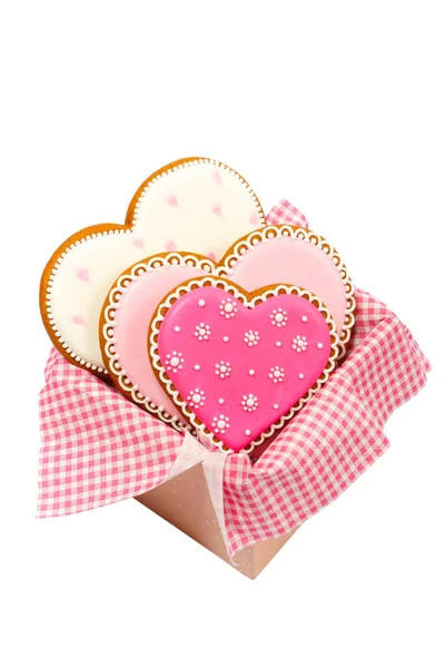 Set de galletas en forma de corazón rosa con patrones, hechas a mano — Foto de Stock