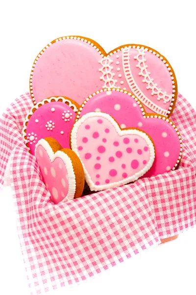 Set de galletas en forma de corazón rosa con patrones, hechas a mano — Foto de Stock