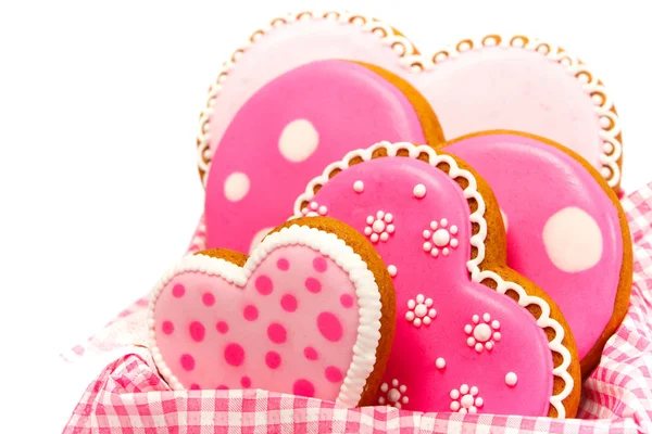 Set di biscotti a forma di cuore rosa con motivi, fatti a mano — Foto Stock