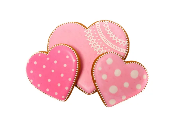 Fondo de galletas de color rosa en forma de corazón con diferentes patrones, aislado en blanco —  Fotos de Stock
