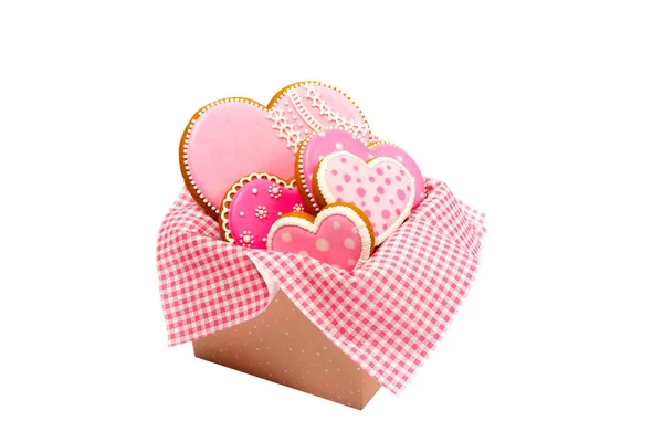 Set di biscotti a forma di cuore rosa con motivi, fatti a mano — Foto Stock