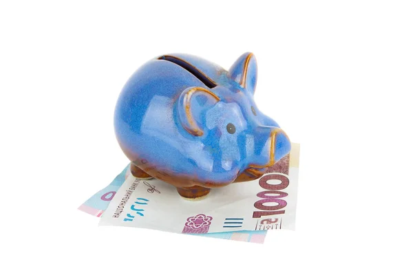 Mil hryvnias e um banco porquinho, em fundo branco — Fotografia de Stock