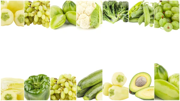 Különböző Zöld Zöldségek Gyümölcsök Elszigetelt Fehér Vonalak — Stock Fotó