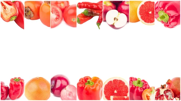 Γραμμές Από Διαφορετικά Κόκκινα Λαχανικά Και Φρούτα Απομονωμένες Λευκό — Φωτογραφία Αρχείου