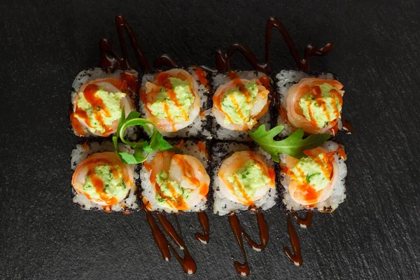 Comida Japonesa Conjunto Sushi Salmão Rolos Com Salmão Enguia Vista — Fotografia de Stock