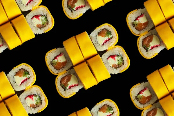 Japanese Food Set Salmon Sushi Rolls Salmon Eel Top View — Stock Photo, Image