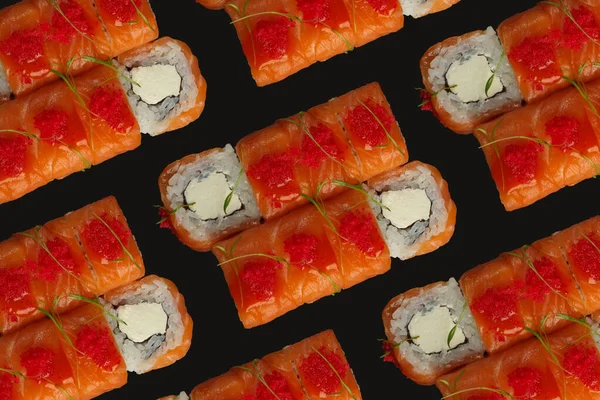 Comida Japonesa Conjunto Sushi Salmão Rolos Com Salmão Enguia Vista — Fotografia de Stock