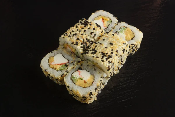 Comida Japonesa Conjunto Sushi Salmão Rolos Com Salmão Enguia Vista — Fotografia de Stock