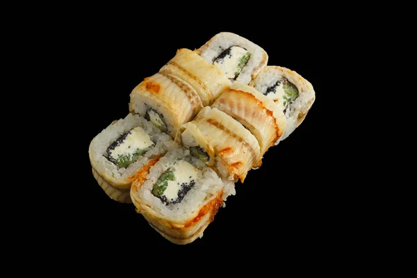 Comida Japonesa Conjunto Sushi Salmão Rolos Com Salmão Enguia Vista — Fotografia de Stock