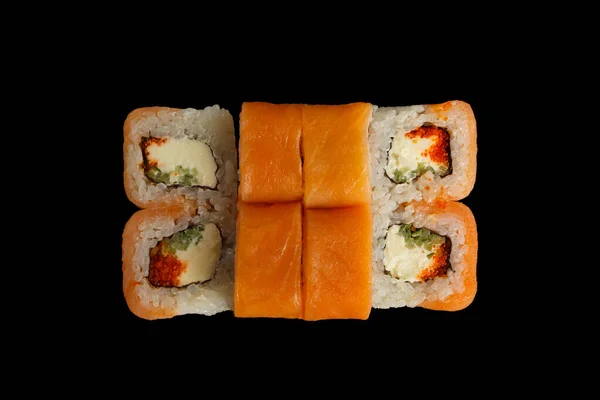 Japansk Mat Set Med Lax Sushi Och Rullar Med Lax — Stockfoto