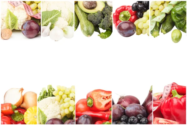 Lines Different Raw Fruits Vegetables Isolated White — Stock Photo, Image