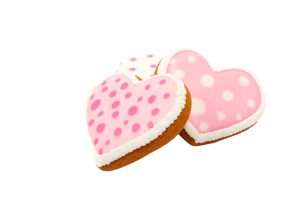 Background Pink Cookies Heart Shaped Different Patterns Isolated White — Stock Photo, Image