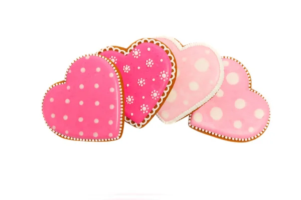 Background Pink Cookies Heart Shaped Different Patterns Isolated White — Stock Photo, Image